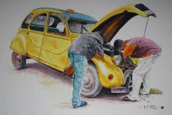 Aquarelle sur papier Réparation 2CV JAUNE